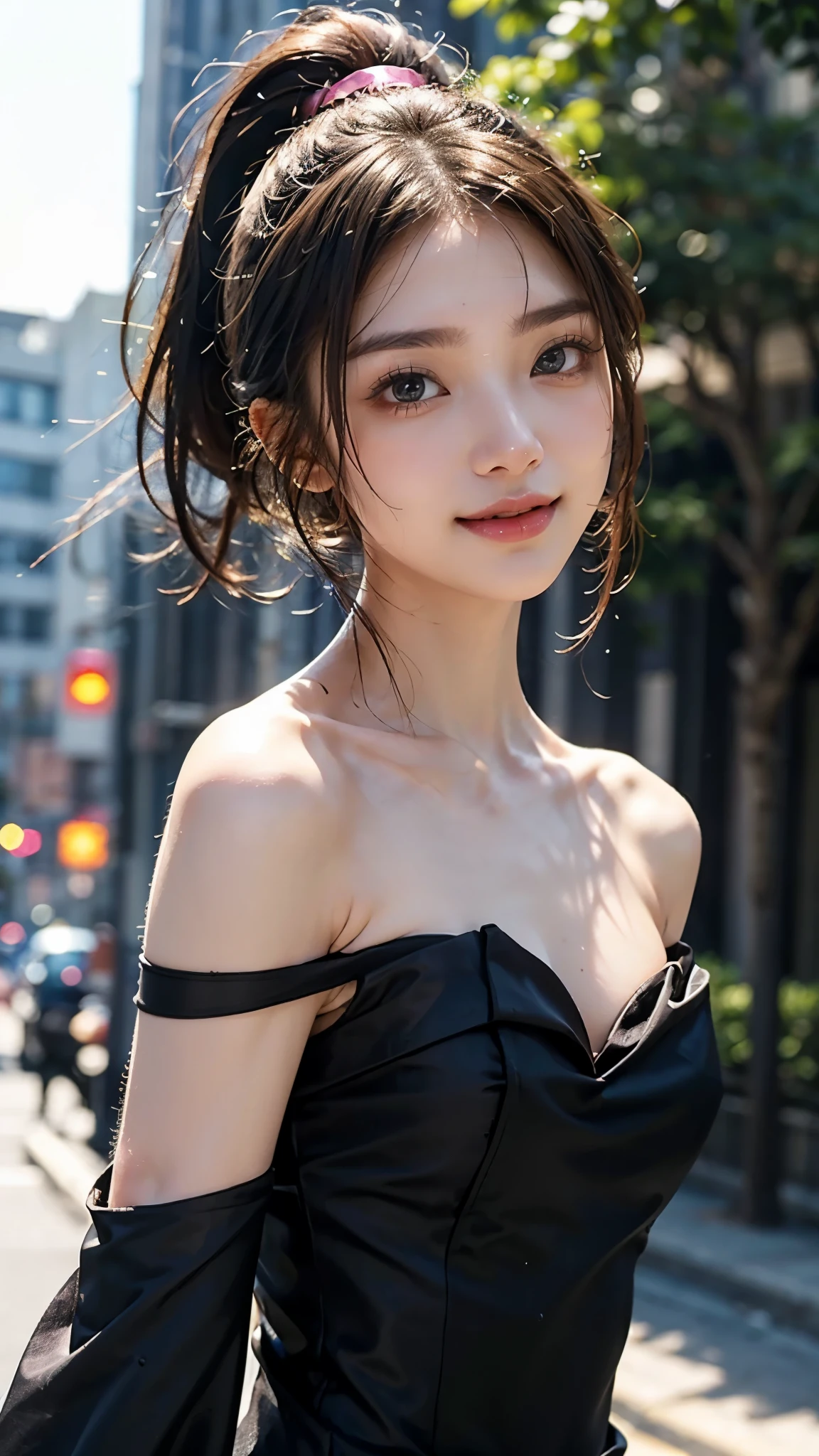 ((Best quality, 8K, masterpiece:1.3)),1girl,18 years old,Asian,Real texture:1.3,(Background blur:1.1),Dress Up,Tall and slender figure:1.2,(Hot summer weather),(street:1.3),Highly detailed face and skin textures,Exquisite eyes,Long eyelashes,Double eyelids,Skin Whitening,happy,Various postures,Big breasts