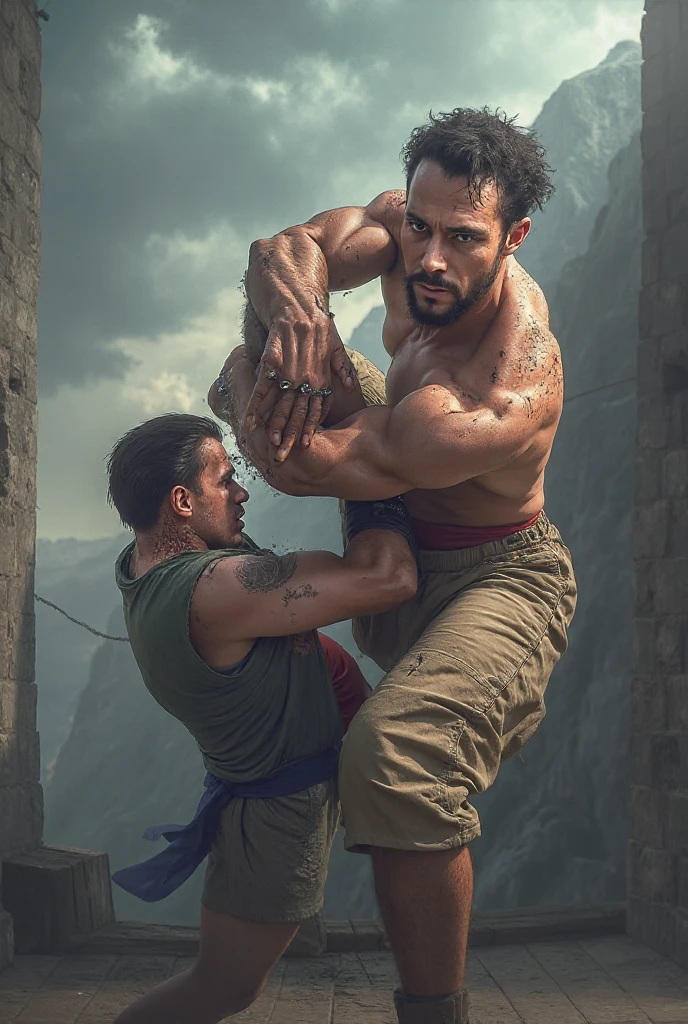 A father is helping to save his teenage son's life by pulling him off a cliff, that the face shows the suffering