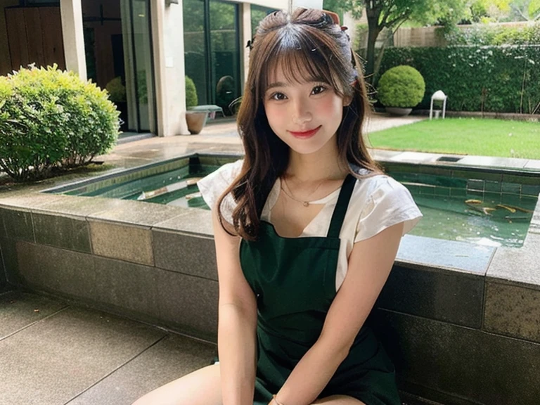 masterpiece, highest quality, High resolution,Ultra-detailed, Stunningly beautiful woman,8k wall,one girl, (a beauty girl, delicate girl:1.3), (13 years old:1.3), break, (Casual dress with plaid pattern:1.3), break, Extremely fine grain definition, (Symmetrical eyes:1.3), break, (Lush green park:1.3), break, Small breasts, Brown eyes, Parted bangs, Brown Hair, girl, break, (Eye and facial details:1.3),Happy peace sign,