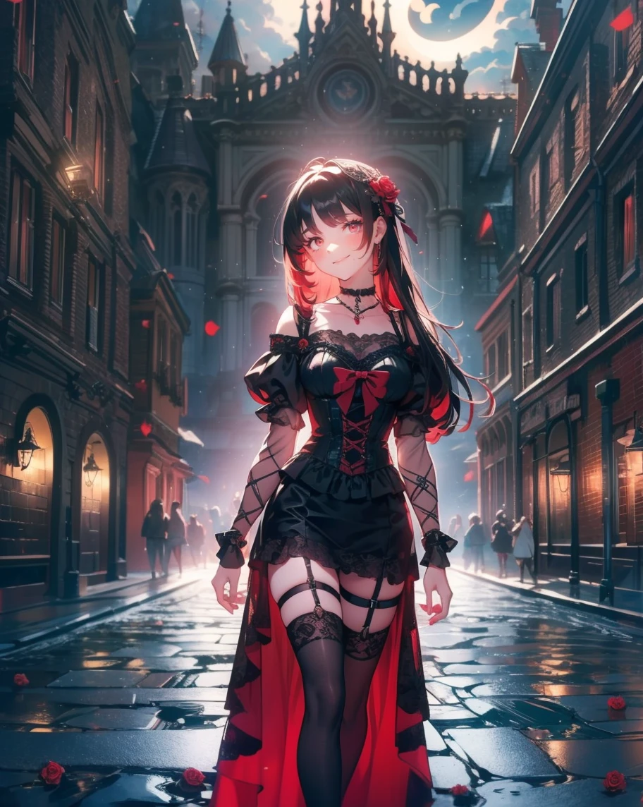 Highly detailed, High Quality, Masterpiece, beautiful, full body, wide shot, flower, water, solo, sunset, night, (dark environment), <lora:Style_DarkIncursioStyle:1>, KrulTepes, two side up, hair ornament, pointy ears, black dress, frills, detached sleeves, thigh boots, ribbon, <lora:Char_OwarinoSeraph_KrulTepes:1>