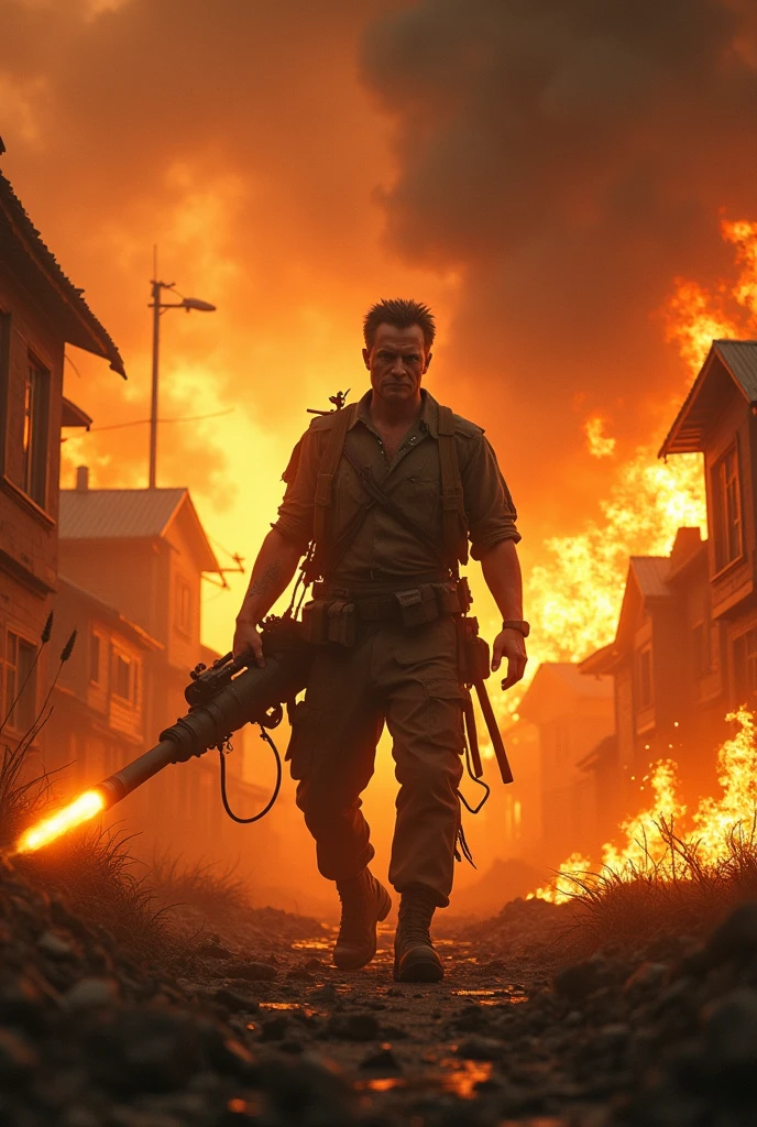rickgrimes2024, 1 man, running, best quality, photorealistic, covered in blood, soldiers uniform, ww2, battlefield, explosions, soldiers in background, allied, d-day, normandy, war, smoke,