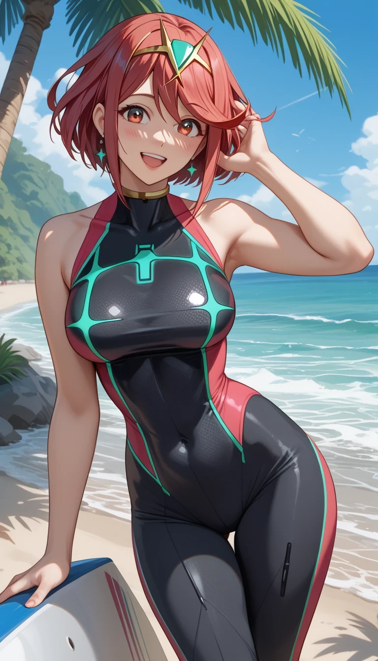 score_9, score_8_up, score_7_up, source_anime、top quality、8k、 masterpiece、ultra high definition、 natural light、perfect anatomy、 perfect eyes、beautiful eyes、one woman with short cleavage、medium breasts、saggy breasts:1.4、Pyra , (wetsuit)、(((Cleavage)))、((embarrassing、happy、fun、older))、Tropical Beach、surfing