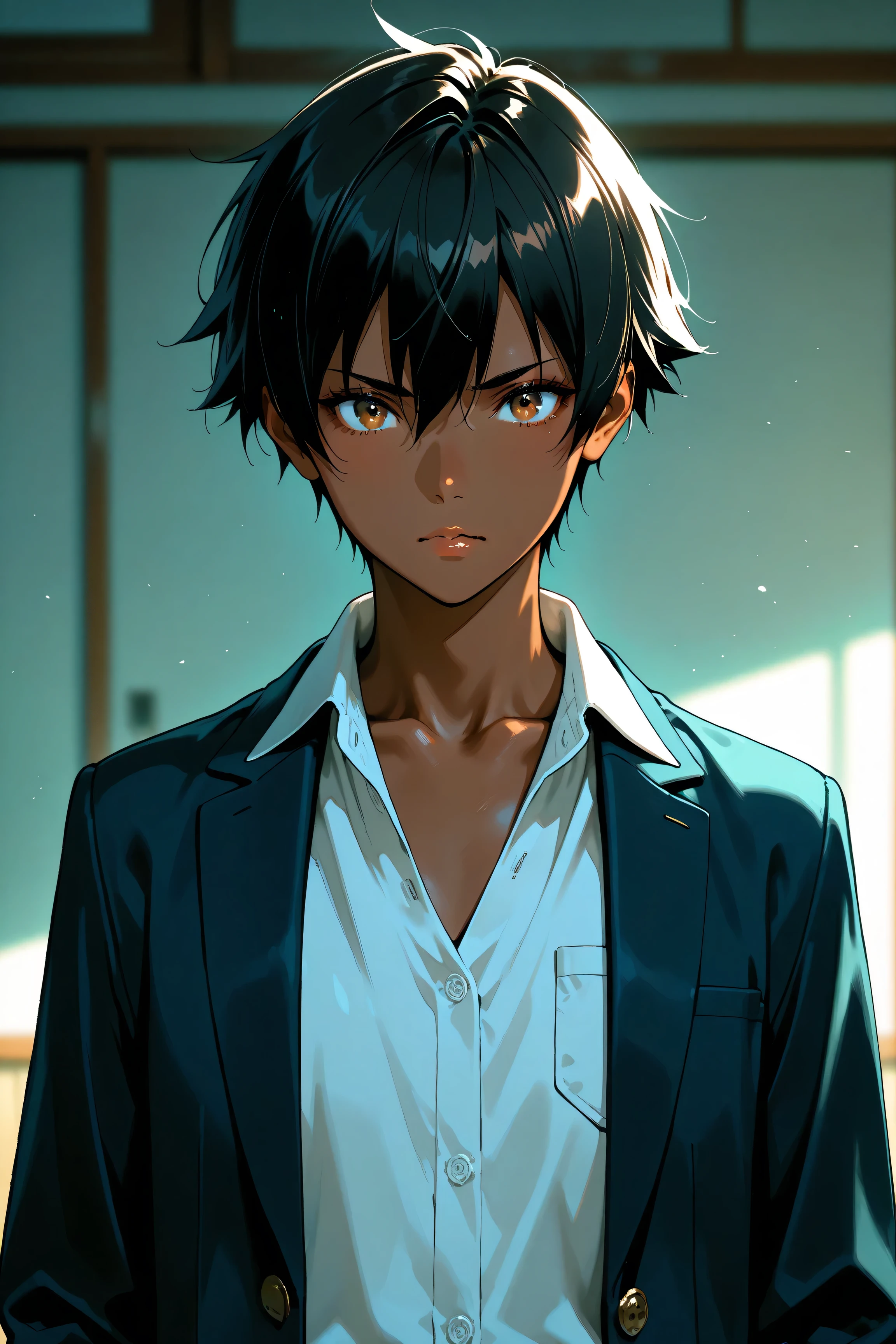 High Quality, Details, (dark bown skin black hair Japanese school tomboy), (Details eyes), dark brown skin, looking for viewer, flat chest,