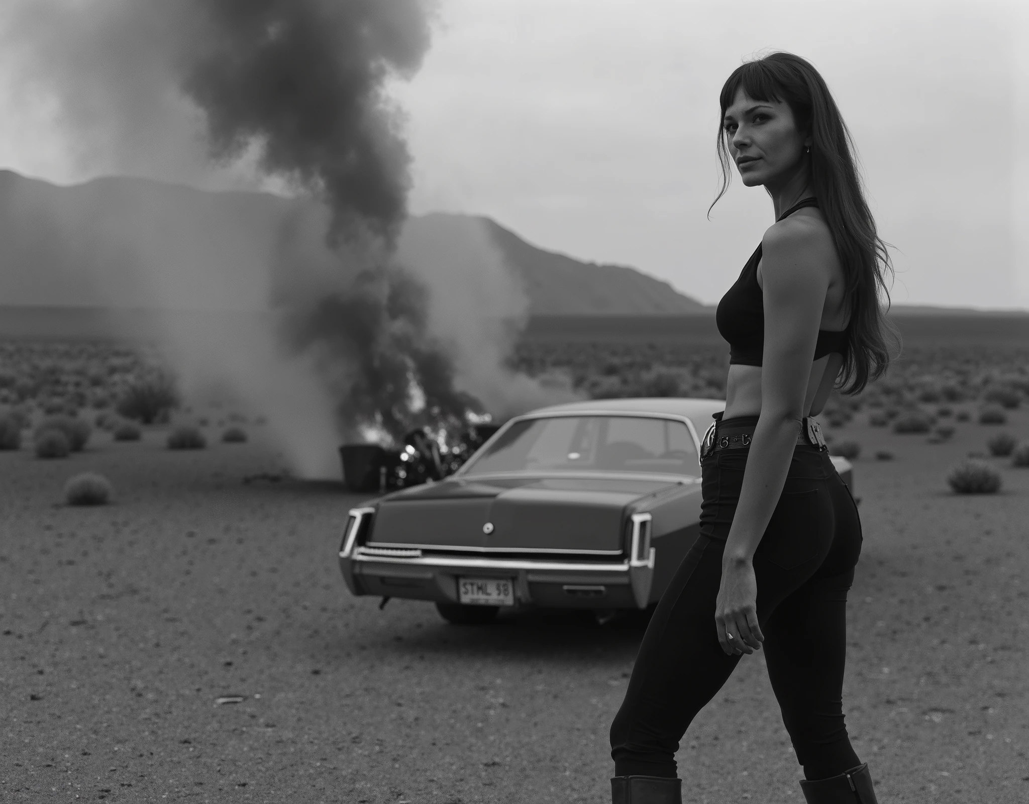 (Cinematic black-and-white photography)++, eye-level view of (striking woman)++, back to viewer, (exuding confidence and dominance)++, tight-fitting black outfit, short-sleeved top, plunging neckline, high-waisted pants, (belt cinching her waist)++, (sturdy mid-calf boots)++, (long dark hair cascading down her back)++, (sharp bangs framing profile)++, dramatic lighting, (high contrast silhouette)++, rugged landscape, vintage Buick Riviera engulfed in flames, smoke billowing into overcast sky, atmosphere of destruction and rebellion, fire casting eerie glow, desert terrain, scattered dry brush, cracked earth, balanced depth of field, sharp focus on model, sharp focus on burning car, slightly blurred distant mountains, gritty noir-inspired tone, (high contrast deep shadows and bright highlights)++, moment of intensity, silent contemplation, gazing at burning vehicle, mysterious fearless energy, classic action heroine, texture of harsh desert, smoke swirling in wind, poised stance, powerful rebellious narrative, frozen in time
