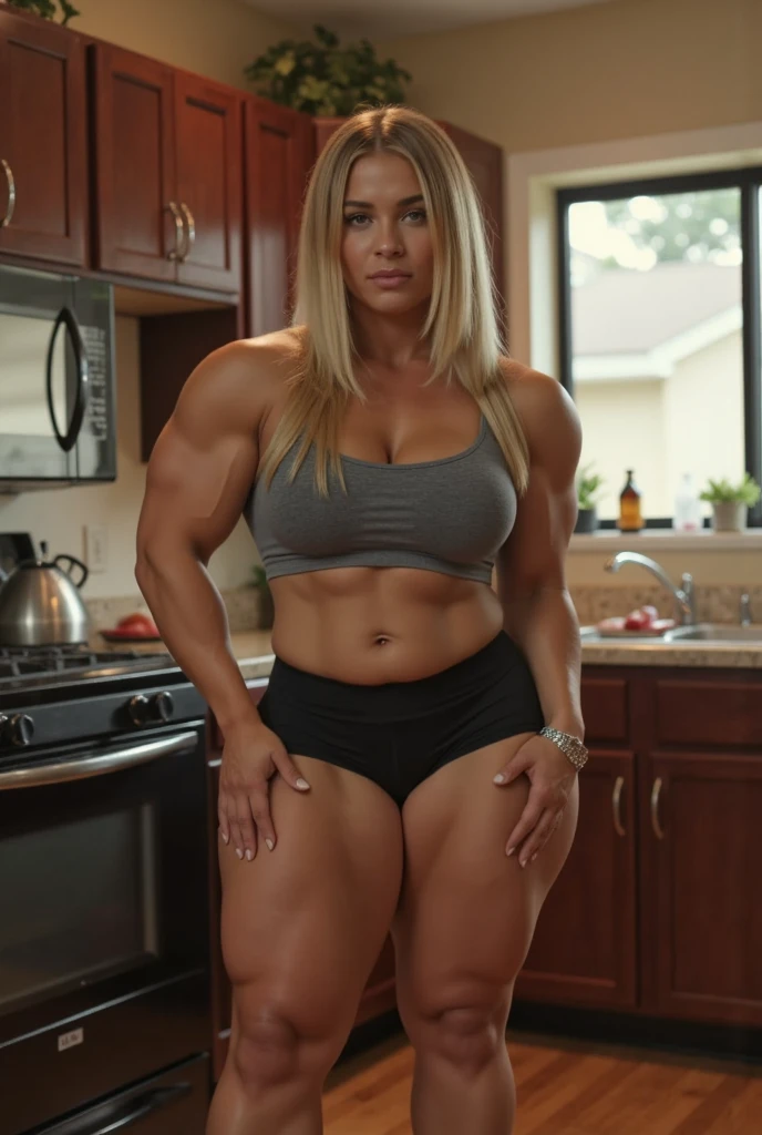 Thigh high socks, panties, fit body, big tits, cleavage, long blonde hair with bangs, full body shot, muscle mommy abs, sexy, seductive