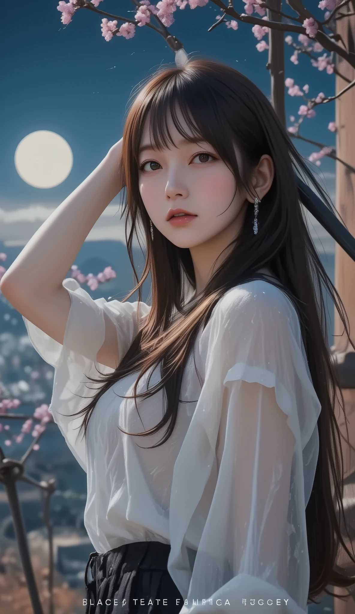 &Quotes;((Best Quality)), ((masterpiece)), Highest quality), (((masterpiece)))、((Highest quality))、(very detailed)、(CG illustration)、(so beautiful ))、 Cinematic Light 、(((mid night, moon night:1.9))), sakura, Cherry blossom trees, ((( 1 mechanical girl under 桜並木:1.9)))、 SF、Apocalypse、Erotic and grotesque、graduate School(Beautiful and luxurious:1.2)、(1 girl:1.3)、face the front, Full Body Shot , ((big breasts:1.2), (Big Breasts:1.2), (raised and crisp bust:1.2), (lifts the chest:1.2), (Perky breasts :1.2), (Deep cleavage :1.4), ( double breasted,Underbust:1.2), button gap with,((( CORSET BELTS ))),(((high waist skirt,))), Carrying two long swords on his back