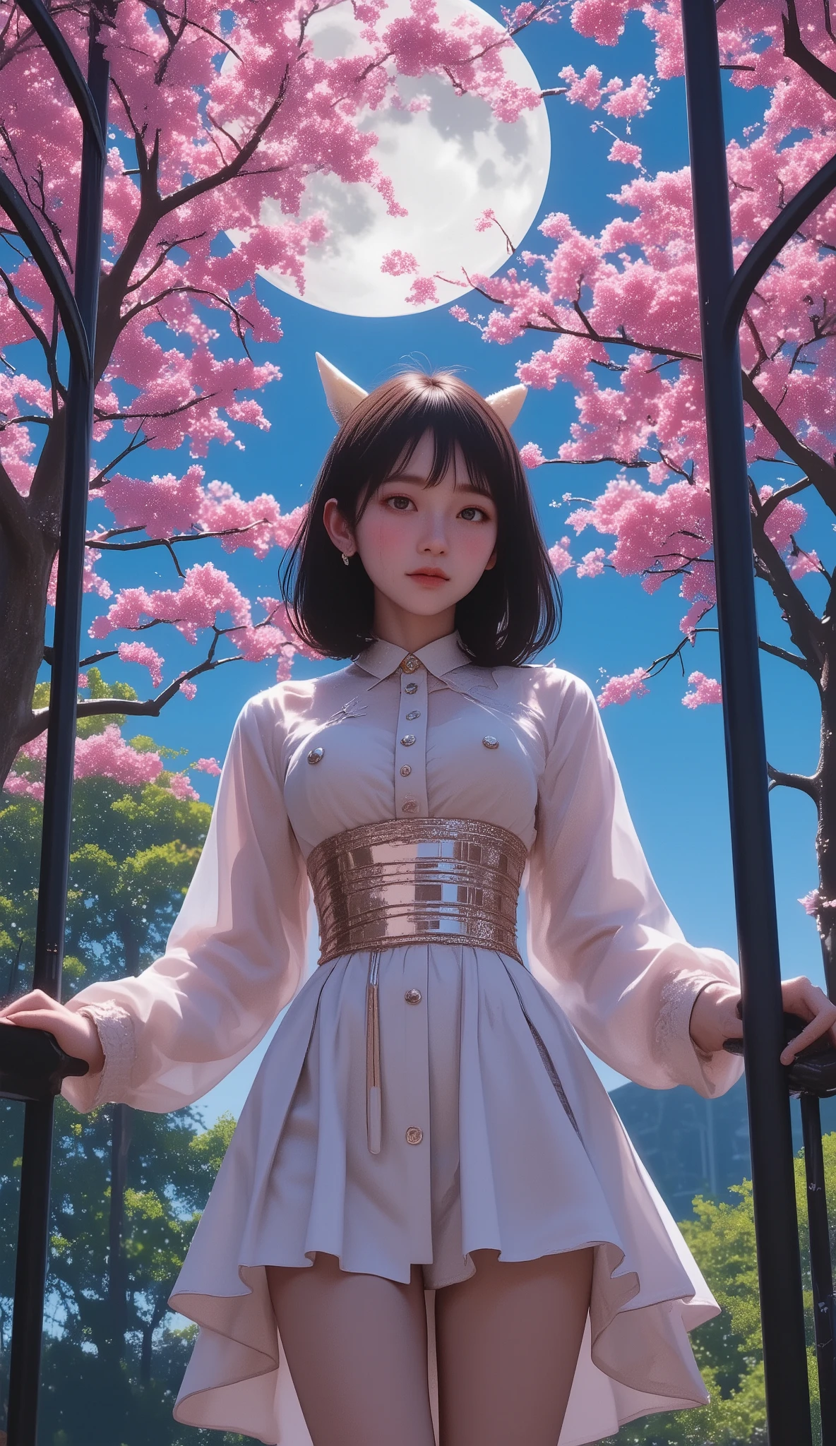 &Quotes;((Best Quality)), ((masterpiece)), Highest quality), (((masterpiece)))、((Highest quality))、(very detailed)、(CG illustration)、(so beautiful ))、 Cinematic Light 、(((mid night, moon night:1.9))), sakura, Cherry blossom trees, ((( 1 mechanical girl under 桜並木:1.9)))、 SF、Apocalypse、Erotic and grotesque、graduate School(Beautiful and luxurious:1.2)、(1 girl:1.3)、face the front, Full Body Shot , ((big breasts:1.2), (Big Breasts:1.2), (raised and crisp bust:1.2), (lifts the chest:1.2), (Perky breasts :1.2), (Deep cleavage :1.4), ( double breasted,Underbust:1.2), button gap with,((( CORSET BELTS ))),(((high waist skirt,))), Carrying two long swords on his back