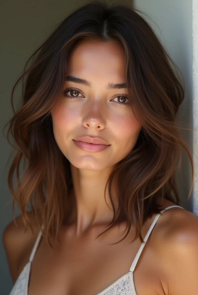 (photorealism:1.2), beautiful woman, brown hair , square cut , tanned, clear face, facing camera , latina origin