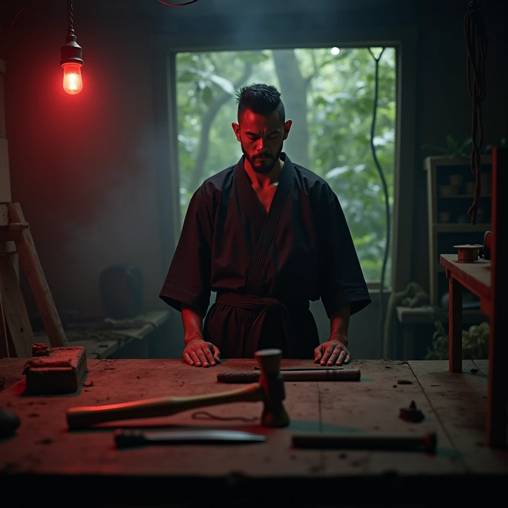 A bloodied teacher holding a blood-covered katana while laughing evilly