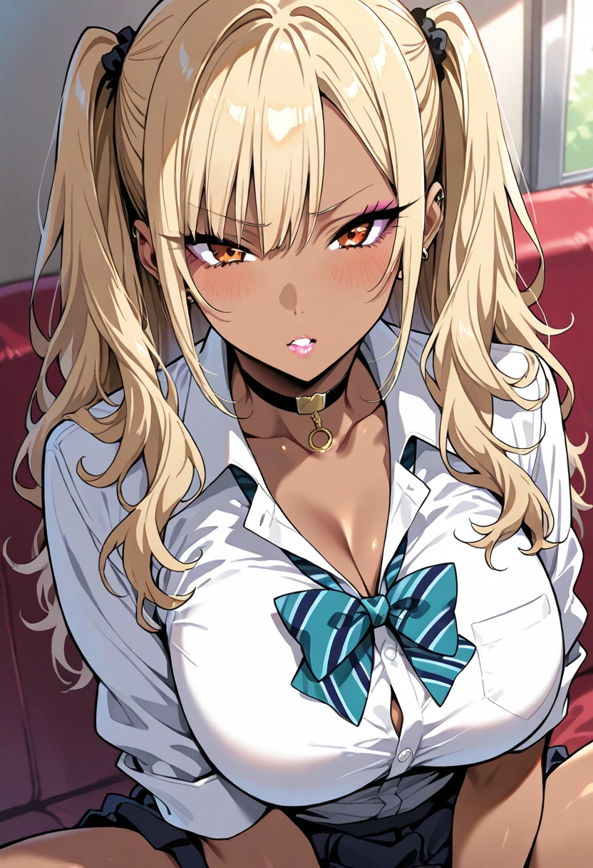 (masterpiece:1.2),(best quality:1.2),(masterpiece, best quality, ultra-high resolution), (1girl), ((Gyaru)). Short, blond hair. Big eyes, made up. Tanned skin,