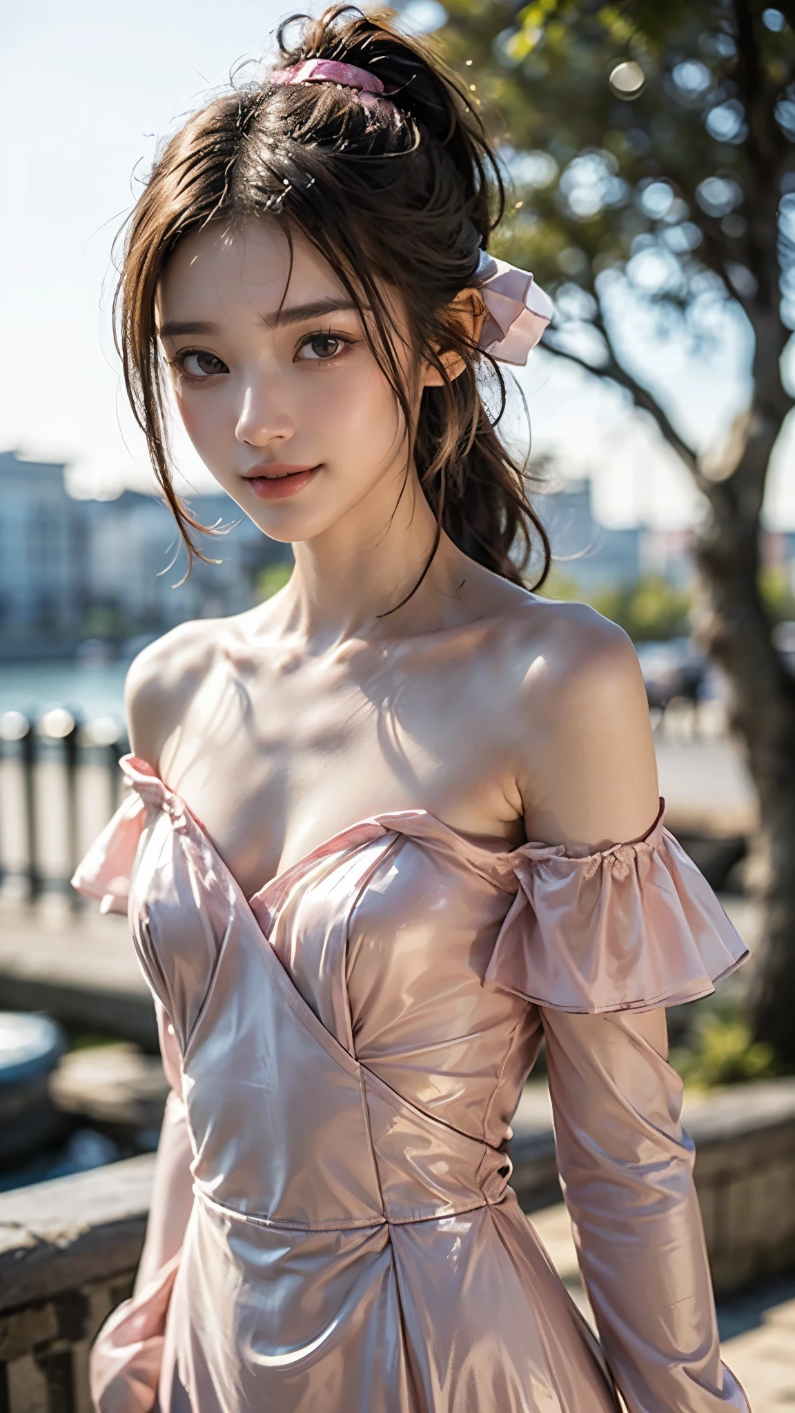 realism, highest resolution,sfw, (アップFace focusの上eye遣い:1.6,Most Absurd Quality ), (Highest Quality Realistic Skin), ((perfect proportions for trees)), ((small head,Put on an income:1.2), anatomically accurate:1.4), ((firm and rich breasts :1.3)),(Most Absurd Quality perfect eye), ((Face focus,Beautiful Shiny Sharp Face:1.2), very detailed:1.2), (Light skin), (( Clear and unblurry 、Sharp, Perfect Round, Realistic Dark_eye:1.35), very detailed:1.4), Finely Detailed Papyrus, detailed lips:1.3, ( quality improvements:1.4), 1. Lady, supermodel, , perfect anatomy:1.37, smooth lighting, Japanese woman, Cyberpunk Woman, action, gravure, ( with a smile), black clothes, ((Off-the-shoulder matte pink dress:1.3))no background:1.1, (Dark eye), Symmetrical eye, thin lashes, Shaping your eyebrows, natural makeup, (flat chested:1.37), ( Slender Lower Body ), shiny brown hair, hang your bangs long, (ponytail hair:1.21), movie light,