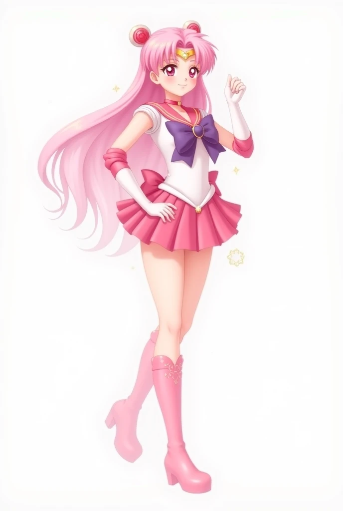 sailor girl in a pink dress and white top with a pink hair, sailor moon!!!!!!!!, the sailor moon. beautiful, pink iconic character, by Sailor Moon, sailor moon style, magical girl anime mahou shojo, inspired by Sailor Moon, pose(arms up + happy), style of magical girl, humanoid pink female squid girl, anime pose, shining pink armor
