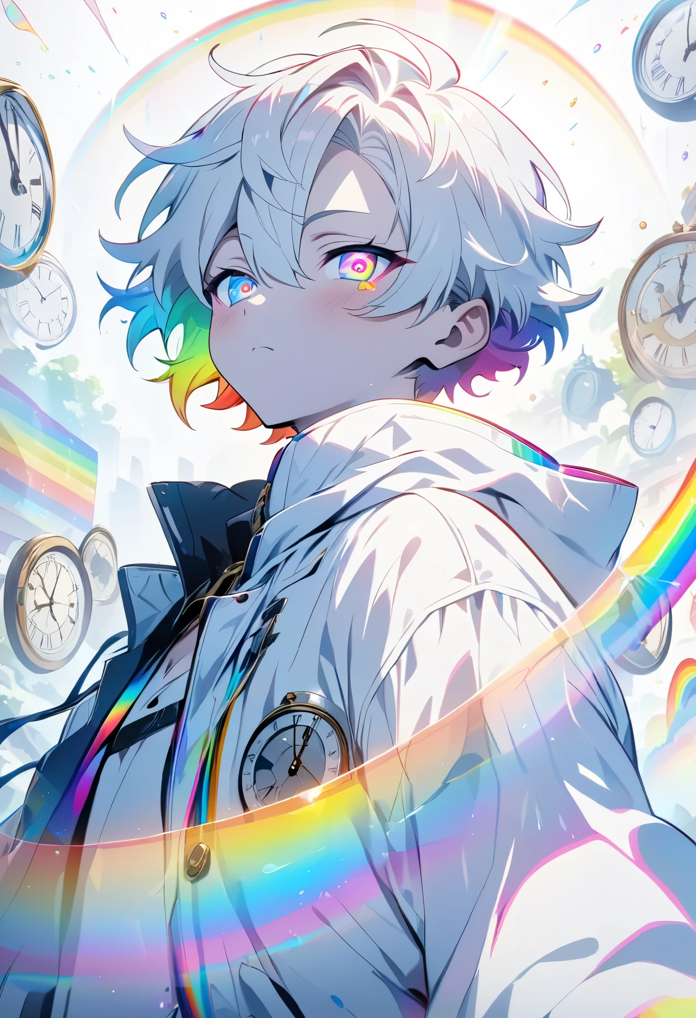 [(WHITE BACKGROUND:1.5)], ((masterpiece)), high quality, ((solo)), ((unger boy)), (white color short hair), (rainbow color eye), bright skin, white parka, ((anime style)), (clock rainbow effect:1.3),