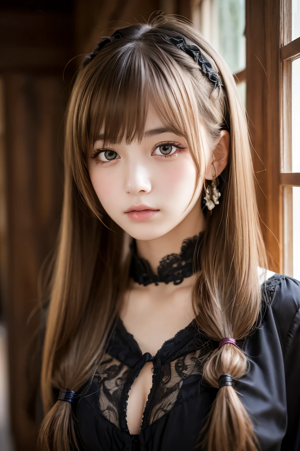 masterpiece, best quality, finely detail, hight resolution, Beautiful detailed eyes, Natural Lip, girl, an exquisitely detailed and beautiful face and eyes and skin, raw photo, young face, cute, slender body, parted bangs, high school student, abandoned house, twintails, gothic ta