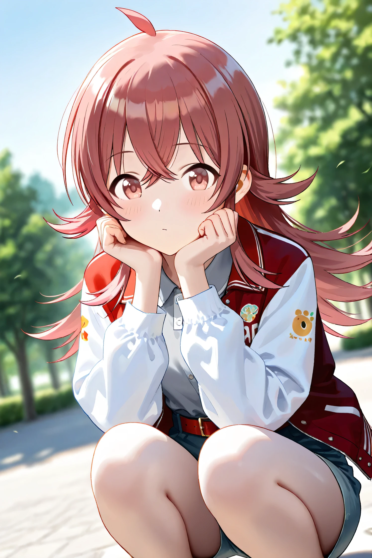 (Masterpiece), (Highest quality), (Very detailed),
(The best shape), (Best Shadow), (Absurd),
(Detailed background), (So beautiful), Shiny ,
Beautiful eyes in every detail, Extraordinary, Countershading, 8k, 32K, High resolution,
Very Detailed CG,
Score_9, Score_8_up, Score_7_up, Source_anime,
(Pastel painting:1.2), (Watercolor painting:1.2),
(Masterpiece, Detailed:1.2), (Foreshortening:1.2),
Cinematic, Dramatic, (Depth of field:1.4),
(Blurry background:1.4), (Realistic background:1.4),
(Foreshortening:1.3),Dynamic angle,
1 girl,
Outdoor, Nature, Park, Wind,
Komiya Kaho, komiya kaho,
the idolmaster shiny colors,
long hair, red hair, red eyes, hair between eyes, ahoge, (medium breasts:0.7),
(Casual wear:1.3),
(Collared shirt:1.1), (Gray shirt:1.2), (Plain shirt:1.3),
Souvenir Jacket, Open jacket, Red jacket, Long sleeves, White sleeves, Plain jacket,
Hot pants, Turquoise hot pants,
belt, red belt,
Focus on face, Squatting, Head rest,
(Blush:1.3),
pup her face on plams,
Realistic skin, Shiny skin,