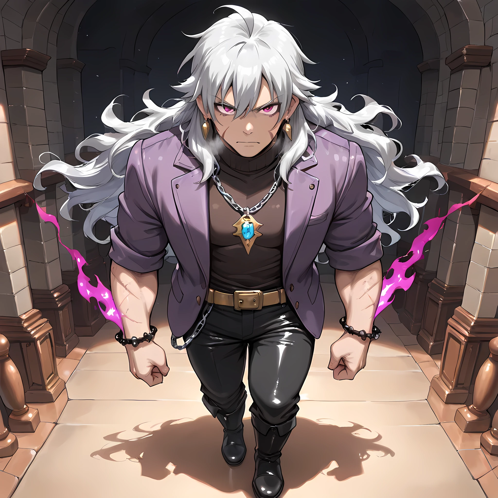 ((Ano Danchi no Tsuma-tachi wa... The style of animated anime:1.4)), {man1}:(man1 similar to Jellal Fernandez, wavy hair, mature looking man, strong-bodied man, developed physique, muscular body, purple jacket, gray turtleneck underneath the jacket, gold belt on long pants, black army pants, silver chain attached to the side of the pants, black leather boots, thorn bracelets on the arms, scars on the arms, burn marks on the cheeks to the middle of the neck, earrings with a waning moon pendant, short gray hair quite messy to the height of the ears, hair covering the eyes, hair tips dyed purple, eyebrows in the shape of gray flames, pink eyes, ahoge hair, heavy breathing, serious and intimidating look, sharp fangs) | ((man1 on the balcony of a castle in an epic kingdom, best image quality, best sharpness, best saturation, best vibrancy, best color balance, best shading, full HD, best quality of facial details, fantasy anime style, richly detailed scenery, best resolution, richness of scene details, lighting balance)), (high angle, full body art)
