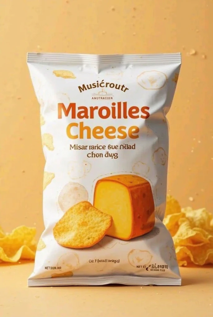 sachet de chips gout marroilles avec un fond beige et un dessin de maroilles