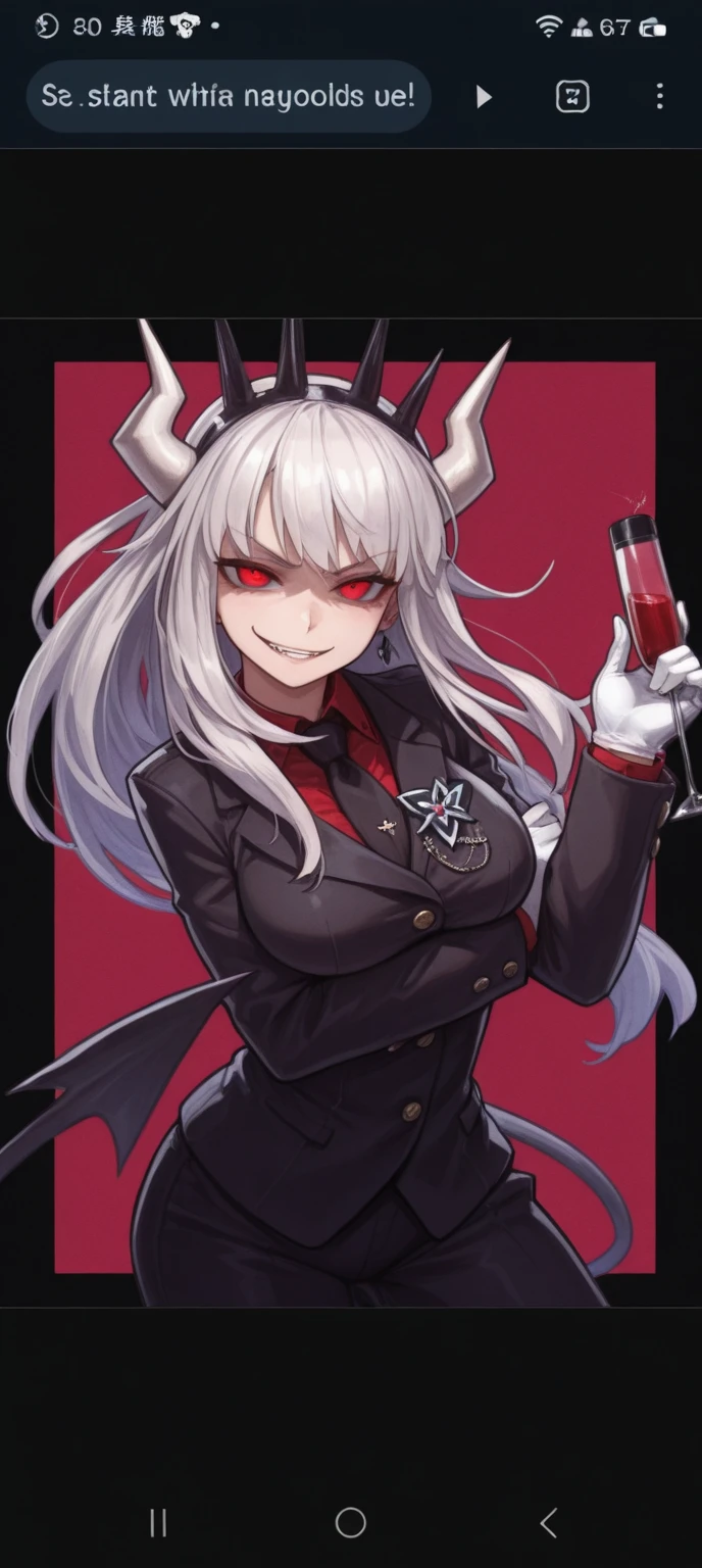 , <lora:CrotchlessPantsV1A10:1>,,crotchless pants, 1girl, lucifer \(helltaker\), solo, horns, mole, long hair, red shirt, tail, demon tail, necktie, gloves, white horns, , shirt, breasts, white gloves, red eyes, looking at viewer, demon horns, black pants, demon girl, bangs, smile, black necktie, suit, formal, white hair, jacket, large breasts, wine, heart, black jacket, black panties, collared shirt, long sleeves, , blunt bangs, business suit, simple background, black tail, cowboy shot, grin,