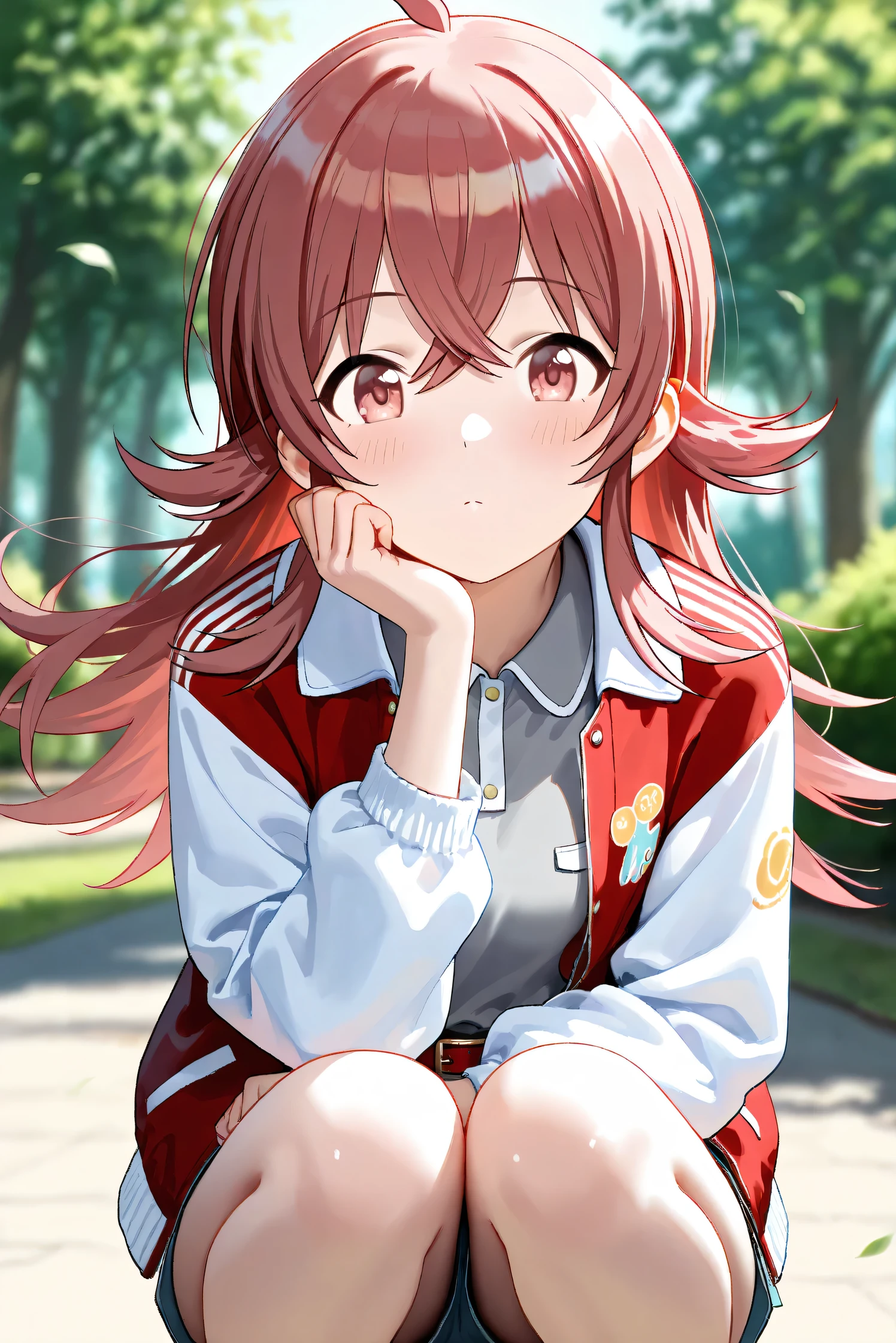 (Masterpiece), (Highest quality), (Very detailed), 
(The best shape), (Best Shadow), (Absurd), 
(Detailed background), (So beautiful), Shiny , 
Beautiful eyes in every detail, Extraordinary, Countershading, 8k, 32K, High resolution, 
Very Detailed CG,

Score_9, Score_8_up, Score_7_up, Source_anime, 
(Pastel painting:1.2), (Watercolor painting:1.2),
(Masterpiece, Detailed:1.2), (Foreshortening:1.2),

Cinematic, Dramatic, (Depth of field:1.4),
(Blurry background:1.4), (Realistic background:1.4),
(Foreshortening:1.3),Dynamic angle, From front,
1 girl,
Outdoor, Nature, Park, Wind,

Komiya Kaho, komiya kaho,
the idolmaster shiny colors,
long hair, red hair, red eyes, hair between eyes, ahoge, (medium breasts:0.7),

(Casual wear:1.3), 
(Collared shirt:1.1), (Gray shirt:1.2), (Plain shirt:1.3),
Souvenir Jacket, Open jacket, Red jacket, Long sleeves, White sleeves, Plain jacket,
Hot pants, Turquoise hot pants, 
belt, red belt,

Focus on face, Squatting, Head rest,
(Blush:1.3), 
pup her face on plams,
Realistic skin, Shiny skin,