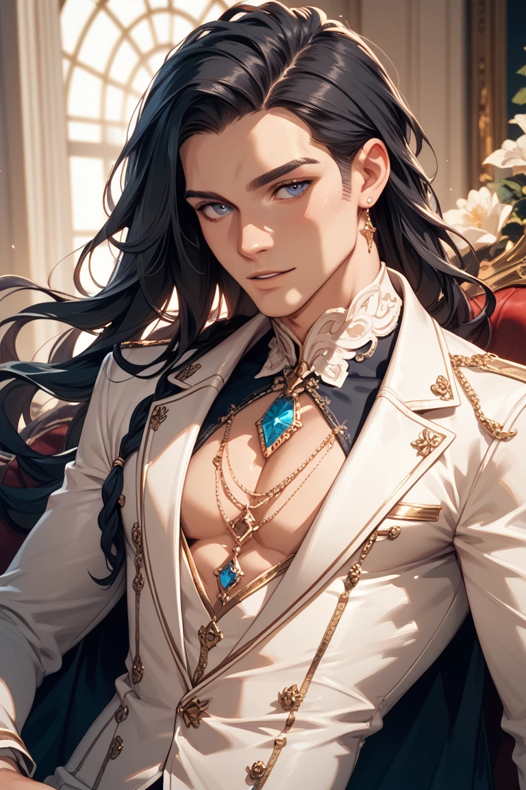 (absurdres, highres, ultra detailed), 1 male, adult, handsome, tall muscular guy, broad shoulders, finely detailed eyes and detailed face, black very long hair, gray eyes, handsome, fantasy, gothic, wolf ears, wolf tail, Sunlight, Fantastic light and shadow, Scenery, portrait, vampire fangs, open mouth, sexy, attractive, full body, tongle, no clothes, no shirt,, Dog Collar, bangs, cute face, perfect detailed face