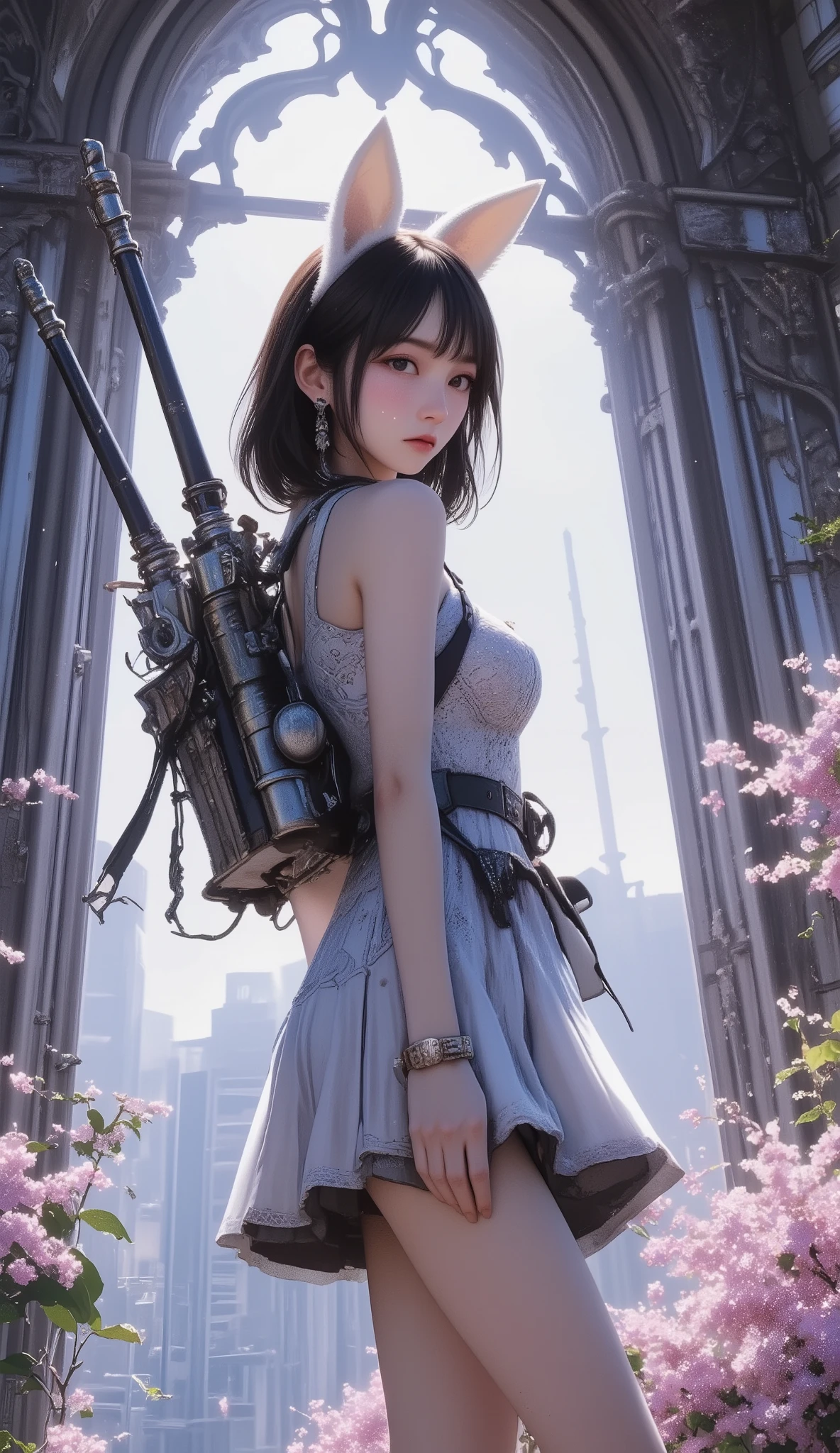 &Quotes;((Best Quality)), ((masterpiece)), Highest quality), (((masterpiece)))、((Highest quality))、(very detailed)、(CG illustration)、(so beautiful ))、 Cinematic Light 、(((mid night, moon night:1.9))), sakura, Cherry blossom trees, ((( 1 mechanical girl under 桜並木:1.9)))、 SF、Apocalypse、Erotic and grotesque、graduate School(Beautiful and luxurious:1.2)、(1 girl:1.3)、face the front, Full Body Shot , ((big breasts:1.2), (Big Breasts:1.2), (raised and crisp bust:1.2), (lifts the chest:1.2), (Perky breasts :1.2), (Deep cleavage :1.4), ( double breasted,Underbust:1.2), button gap with,((( CORSET BELTS ))),(((high waist skirt,))), Carrying two long swords on his back