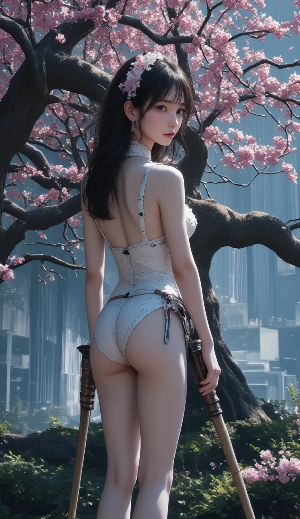 (A woman in her twenties wielding a Japanese sword),(handsome girl), (Hanfu), white skin, surrounded by ink water,Surrounded by the wind, clear face, clear and bright eyes, high detail, whole body, movie lights, motion blur, ray tracing, reflected light, (enlargement), masterpiece, best quality, high quality, high details, super detail, 1080p, UHD, HD, character design, photorealistic, Unreal Machine, concept art, Popularity of Art Station, ((realistic)), looking at viewer, fantasy art, Amazing Gradient Colors, amazing detail,absurd, HDR. Japanese Warring States Period, A little bit of cleavage is visible, Bandaged chest., big bust, sexy, from below, Holding a Japanese sword, swordsman, Bewitching, Your legs are sexy, Undergarments slightly visible, spread the crotch apart, Net stockings, torn clothes, exposed chest, she licks the knife, topless, back