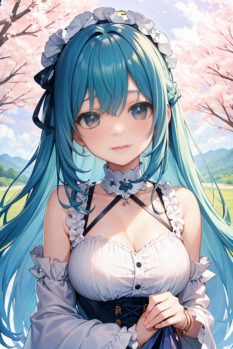 (detailed beautiful eyes and detailed face, masterpiece side light, masterpiece, best quality, detailed, high resolution illustration), (1 girl, beautiful girl, shiny skin), (sky blue hair, pink colored eyes, black corseted bodice, , ribbon, button- pastel pink gothic lolita)(kneeling on the ground), cherry blossom tree background
