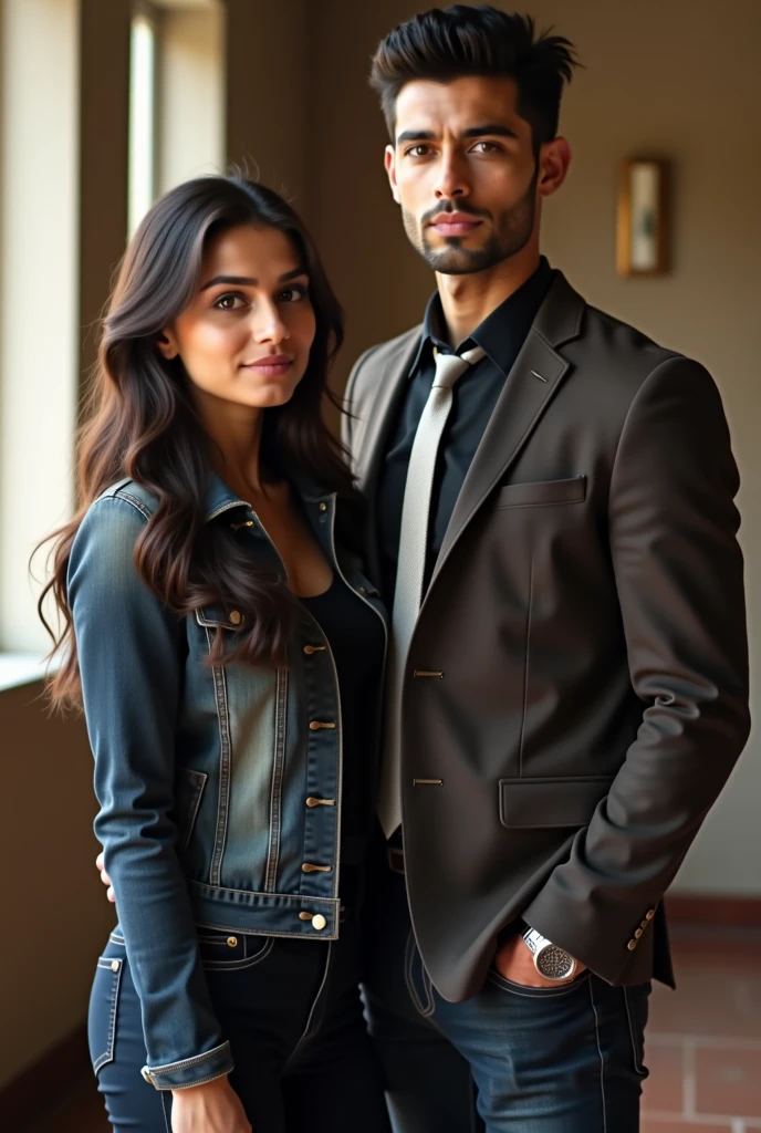 (best quality)),((masterpiece)),((realistic)),image of indian couple standing outside club wearing Fawn blazer black shirt and black pants , man is bit healthy and having beard and short hair, and girl is wearing black sexy dress age is 27 , hyperrealistic [photography realism],(8k resolution:1.2)