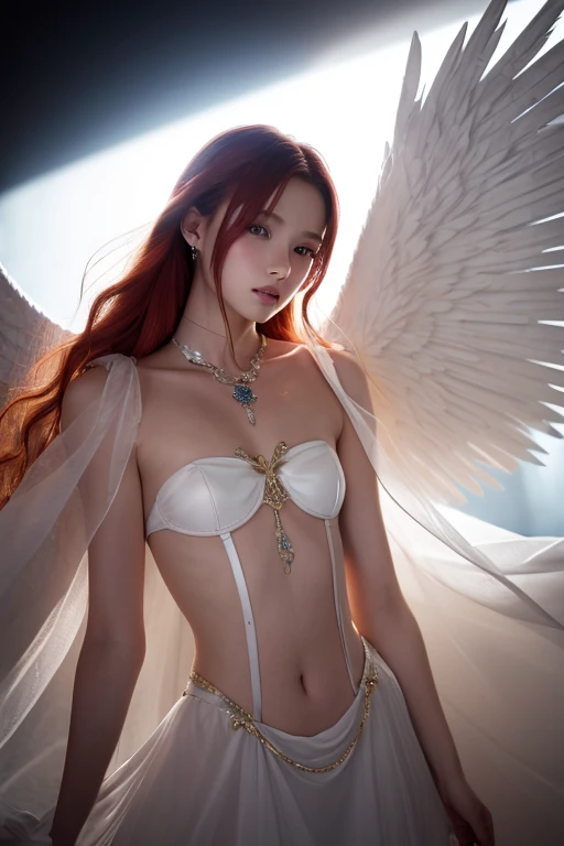 Milf Lunar Goddess Ginny Weasley with Angel wings, fully detailed fit body, full detailed face, detailed Eyes, detailed mouth, beautiful natural breasts fully covered by her clothes, her body is shimmering from lube, sexy Make-Up, shy and seductive look, long spreaded legs, realistic style, narrow hips, pretty face, perfect lightning, detailed hair, detailed background, wearing a white sports bra, black leggings and High heels, standing in a seductive way