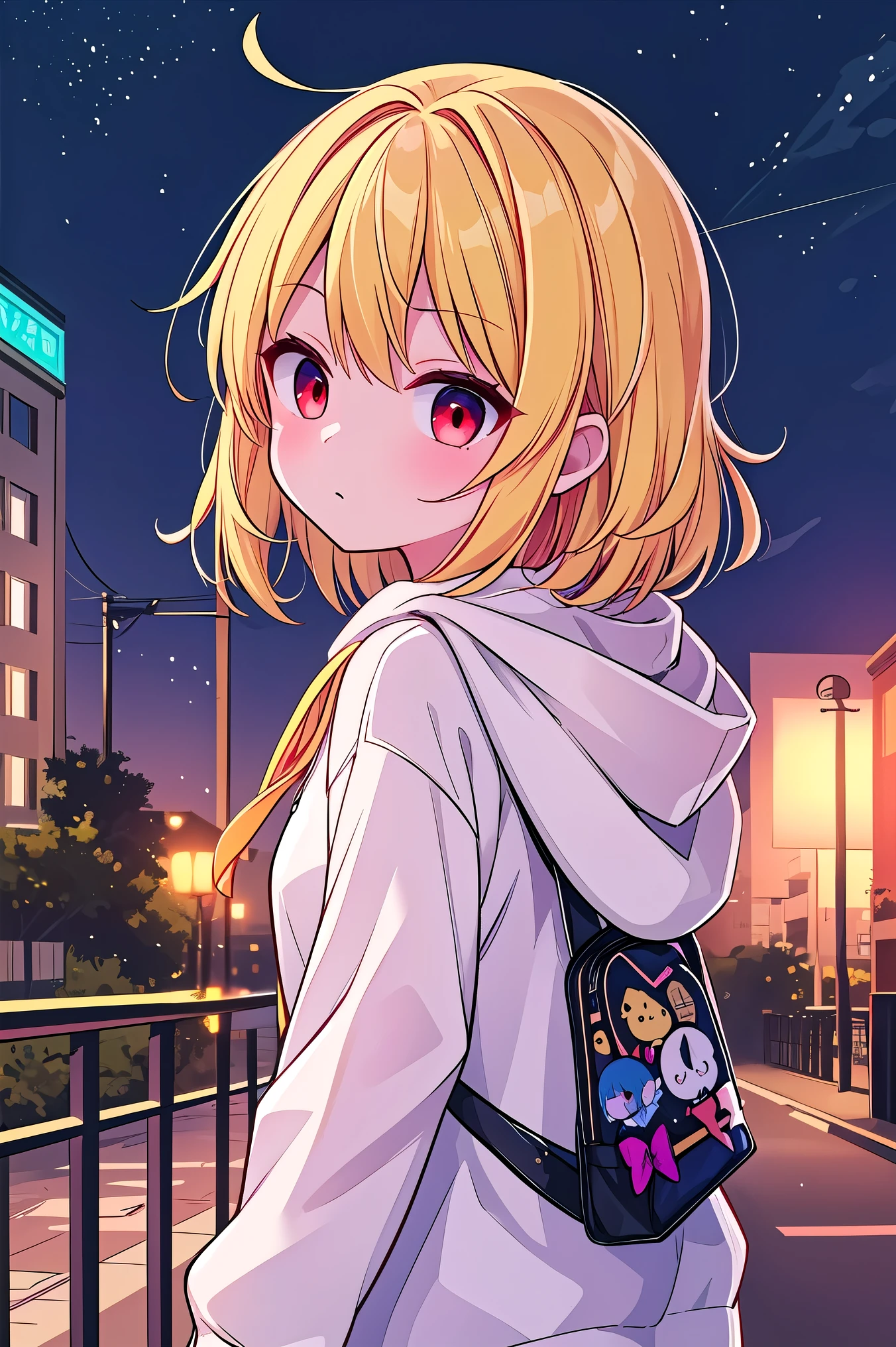 詳細なbackground, masterpiece, top quality,  Emoji豊か、upper body、１Alone、１By people、１Only people、only girl、Flanders Scarlett, ,  third-tailed yellow hair 、red eyes、 Gold、Short Hair、short hair、about the age of a female college student、Touhou Project、Costume(white hoodie)、white hoodieを着ている、 Emoji(Serious)、 status(inside)、is looking back、background(Evening Road)、Evening Roadを下校する、