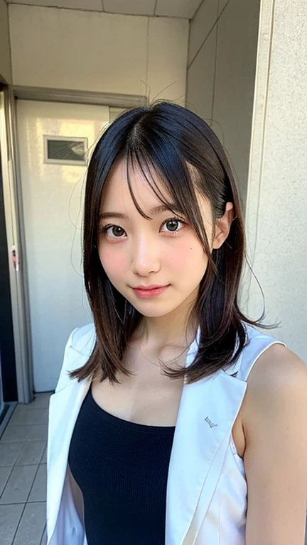 (masterpiece, highest quality:1.4), Award-winning portraits, 8K, 85mm, alone, Beautiful Face, Delicate girl, grace, Sophisticated, cute, Teen, Watching the audience, 15 years old, Raw photo, Disorganized, HDR, Background bokeh、(((Flat 、A slim and delicate body、A youthful atmosphere、basement)))、Her shiny, medium-long hair is tied up.、Swinging Hair、Mole on the left cheek、Large, round, dark blue eyes、Full Body、Junior idol、Nogizaka Idol、Mole under the eye、sexy