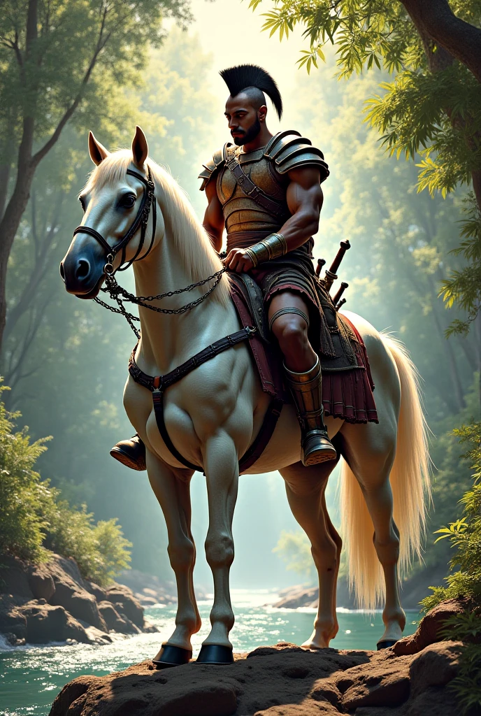 centaur, muscular human upper body, horse lower body, standing in an ancient ruin under a starry sky, soft magical light illuminating the scene, vines and ancient statues around, holding a spear, brave and wise expression, ethereal and fantastical