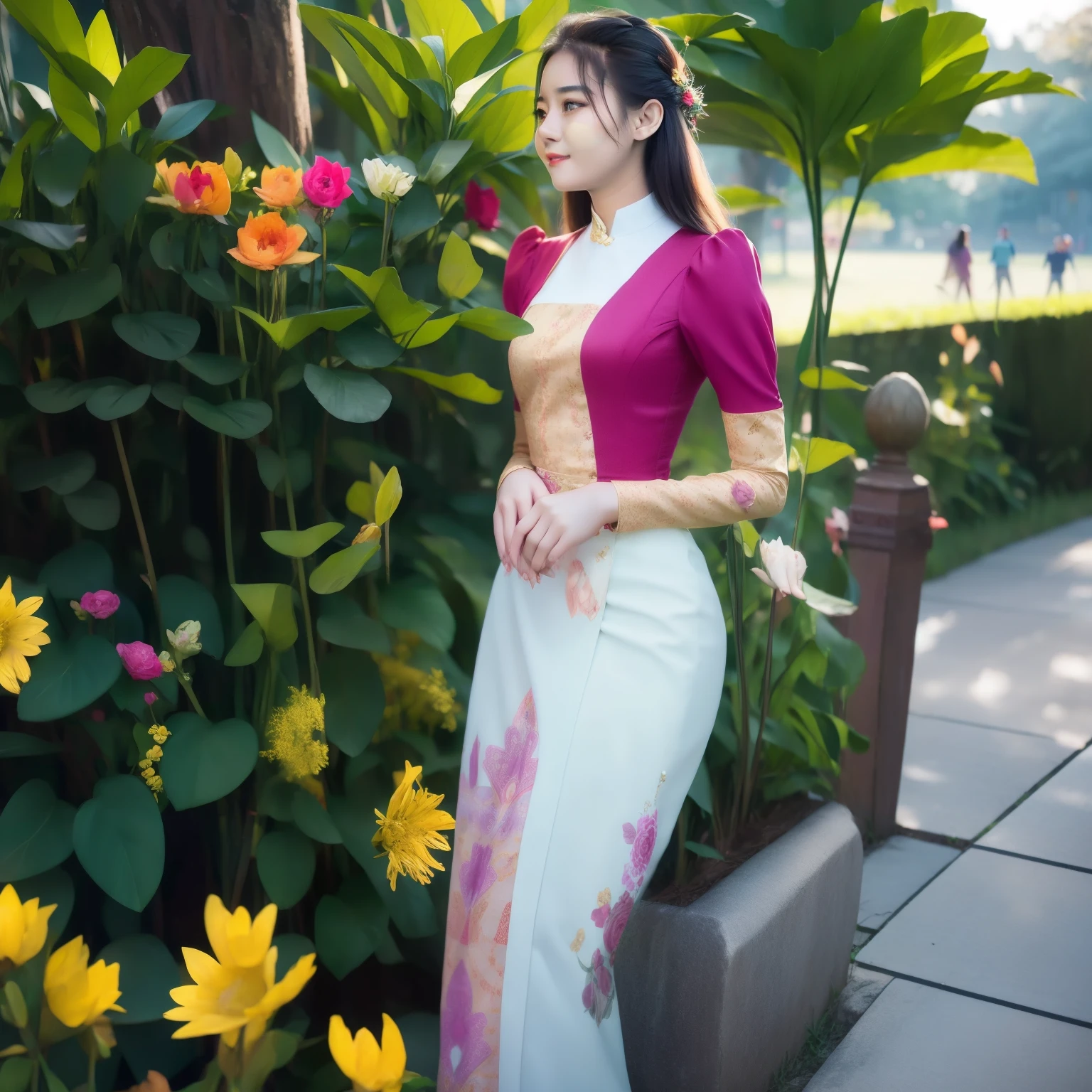 Master piece, 1 girls, solo, cinematic full light, in the park, elegant beauty, Myanmar causal, kmm, wearing kmm