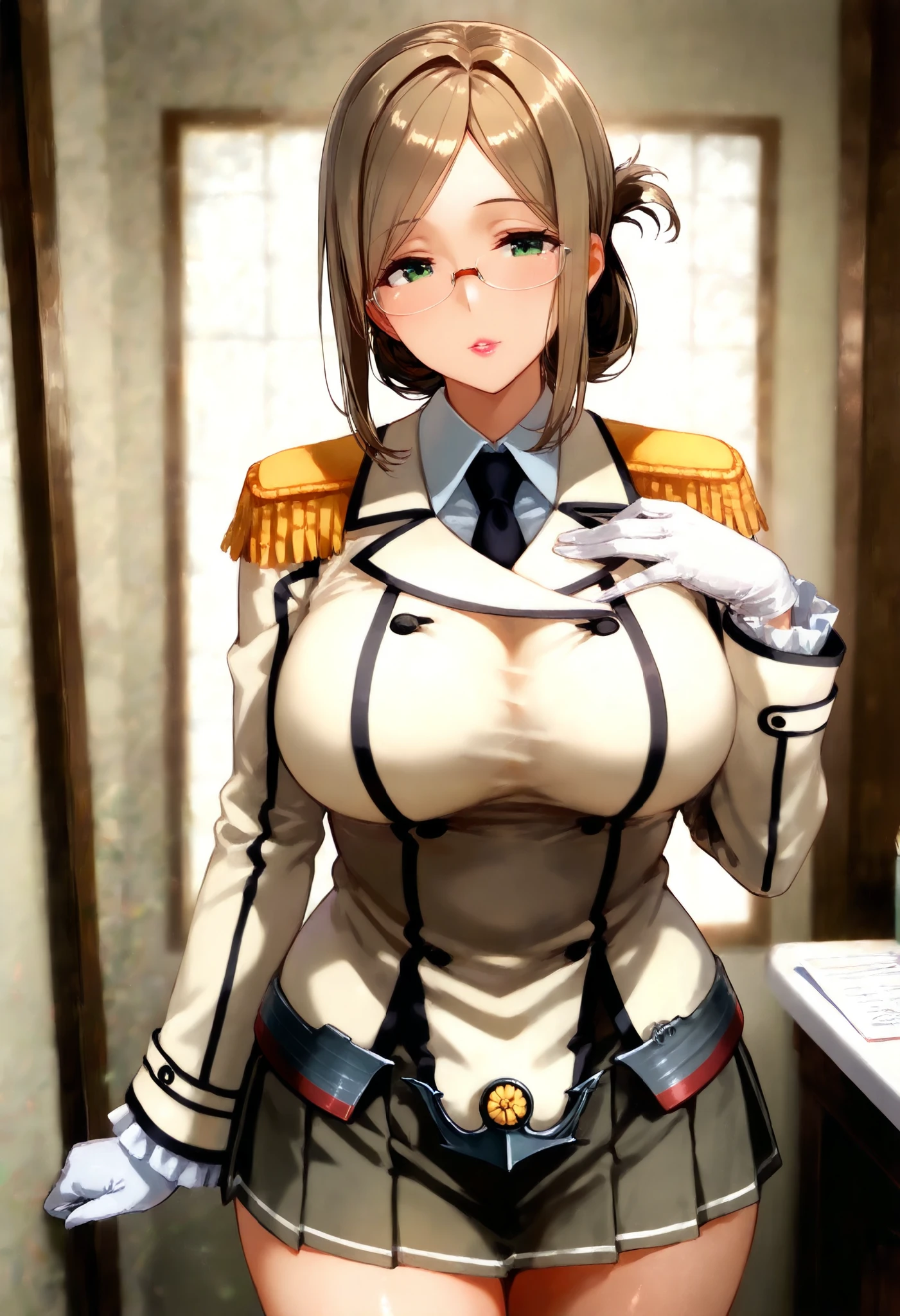 ((Highest quality)), ((masterpiece)), (detailed), (Perfect Face)、The woman is Princess Leona, with medium-long light brown hair, and is wearing a sexy black military uniform and cap for women. In a luxurious room, a strong, dignified, old, villainous general has his hands around her waist, pulls her close, fondles her breasts, and dotes on her as his mistress.、Women are brainwashed, expressionless, and have no highlights in their eyes.
