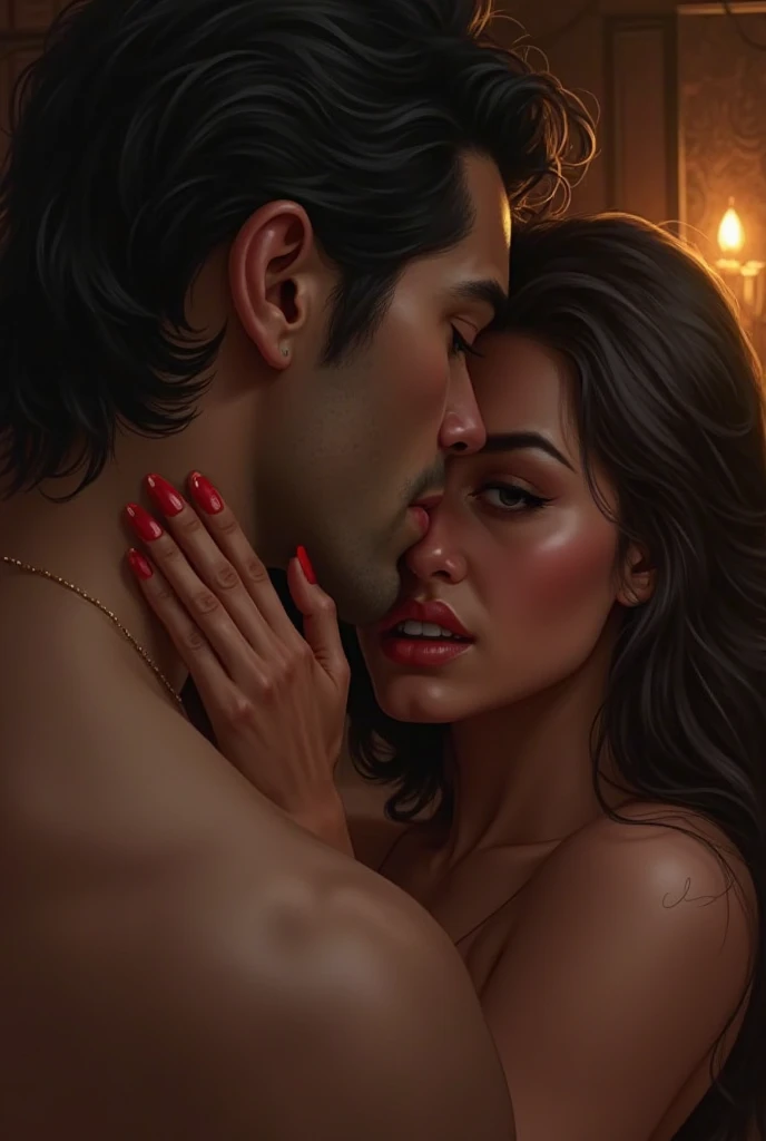 Masterpiece, highest quality, hyper-realistic portrait of an Indian girl with Indian beauty. With African black man. Man is naked (8k, best quality), Indian girl {{cum(sperm) on face}}, girl cum_in_mouth. Red lipstick. Cuming out from mouth.naked man is hugging Indian girl. Girl sucking man's monster cock. Both are visible in picture real picture