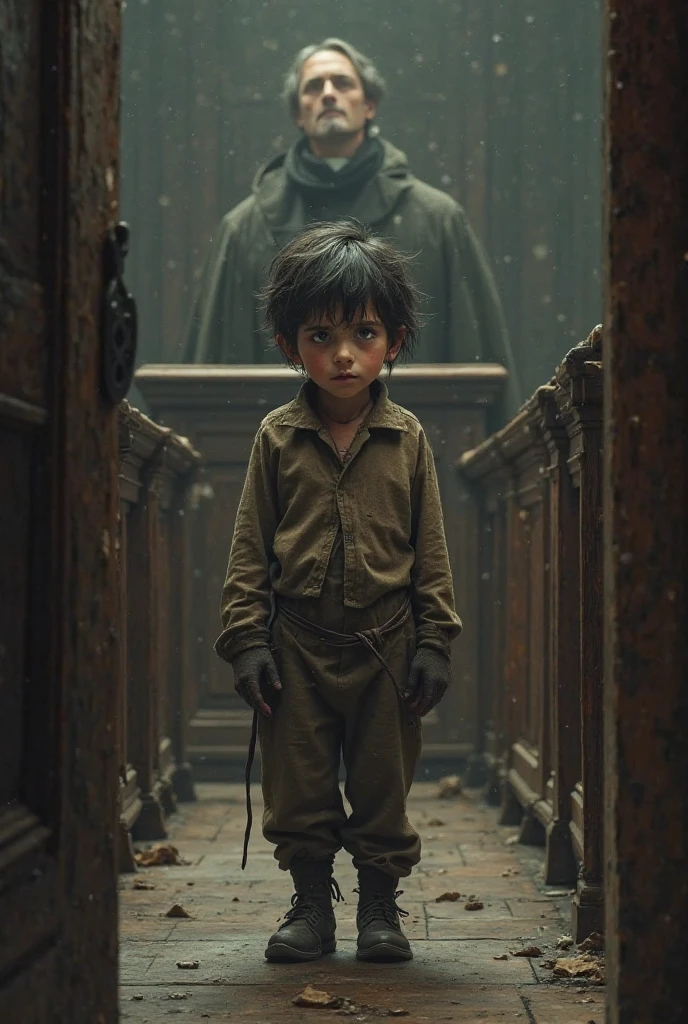 A boy with a cross in his hand walks down the street, there are many people around, some of these people have eyes instead of faces, some have ears, and some have mouths instead of their heads, everyone is looking at this boy.
