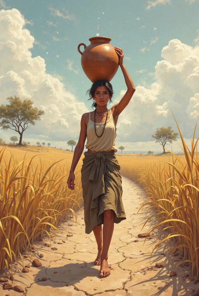 alone in the universe, in watercolor style, Photorealism, discreet golden and ruby and mint shades, (nude) gentle modest thin girl 16 years old (with a very beautiful exquisite face) southern type with short dark hair with beautiful breasts with tender nipples (barefoot) in a long orange skirt walking in the distance (Across the desert), stunted little plants, drought, precious jewelry on the neck and chest and on the wrists, precious bracelets, ankle bracelets, ((antique clay jug with wine))