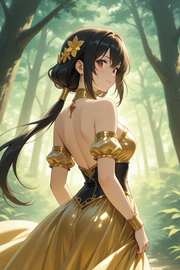 ((masutepiece, Best Quality, hight resolution, nffsw, Perfect Pixel, depth of fields, 4K, )), 1girl in, Solo, Lori, Beautiful anime girl, Beautiful Art Style,
Looking at Viewer,
Perfect body,
1girl in, Solo, Long hair, Black hair, Yellow eyes, Twin-tailed,
Smile, Focus, under the boobs,
Sunshine,
hands behind,
From below,