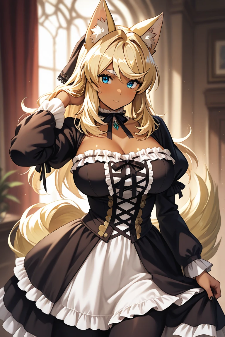 Female, twintails Blonde hair, Blue eyes, dark brown skin, large breasts, wearing a black goth lolita outfit with a castle's interior as the background