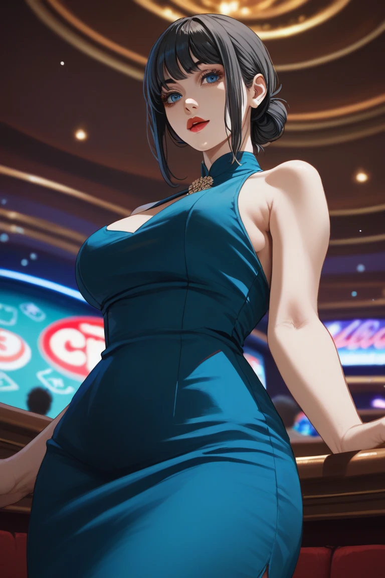 misaki,  ultra realistic 8k cg, flawless, masterpiece, solo, 1girl, embarrassed, (angry:0.5), casino, rich, night dress, necklace, earring, golden, big breast, cleavage, face focus, gleaming skin, elbow gloves