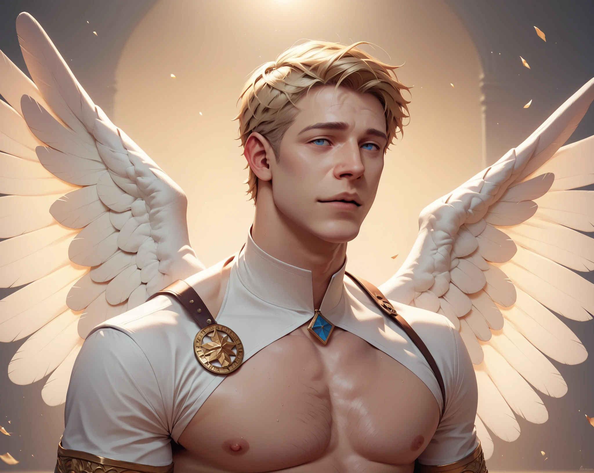 [((highly detailed, detailed eyes, detailed face, clear and realistic facial features, photorealistic, realistic light, cinematic, chest-up shot)), (1 man), (((((Gorgeous perfect sexy powerful masculine male angel))))), (((one pair of large wings))), ((faint halo)), ((short blond hair, green eyes)), ((35 years old)), ((wearing flattering angelic clothes)), (((aura of divine power))), standing in a cozy apartment at nighttime, ((light blush)), (((wearing an indignant expression)))]