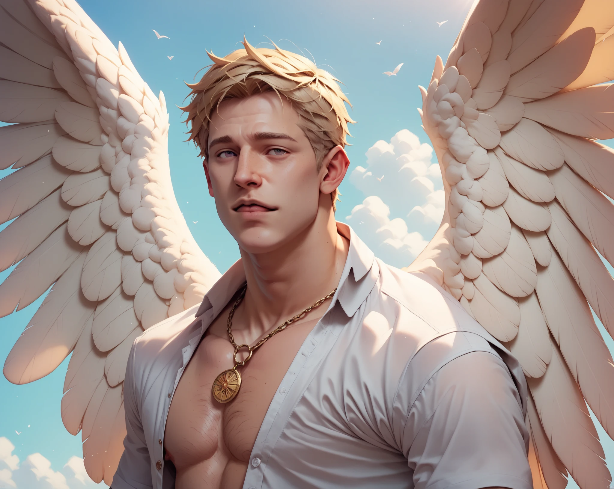 ((the best quality)), ((masterpiece)), (detailed), perfect face, male, Perfect Body, short hair, white skin, Shirtless, Sunlight, ((the best quality)), ((Masterpiece)), (details), perfect face, high definition, Masterpiece,4k,details clearly, Handsome face, male body, strong muscles, The most handsome man in the world, handsome, The coolest face, Male characters, close image (1man, shirtless), young man, Extremely muscular tall man, open your eyes ((detailed eyes)), huge, muscular body and Massive, bulging pecs, muscular abs, delicate big eyes, carefree expression, clear face, handsome (detailed face, perfect face) ((extremely realistic shadows, bodybuilding posture, human, ((22-year-old young man)), V shape, CG sense, Textured skin, the best quality, Storytelling images, shining eyes, the goddess, feather wings, black loincloth, 1man Flying in the sky, Golden accessories, the royal outfits, god of solar, god of sun, clear sky