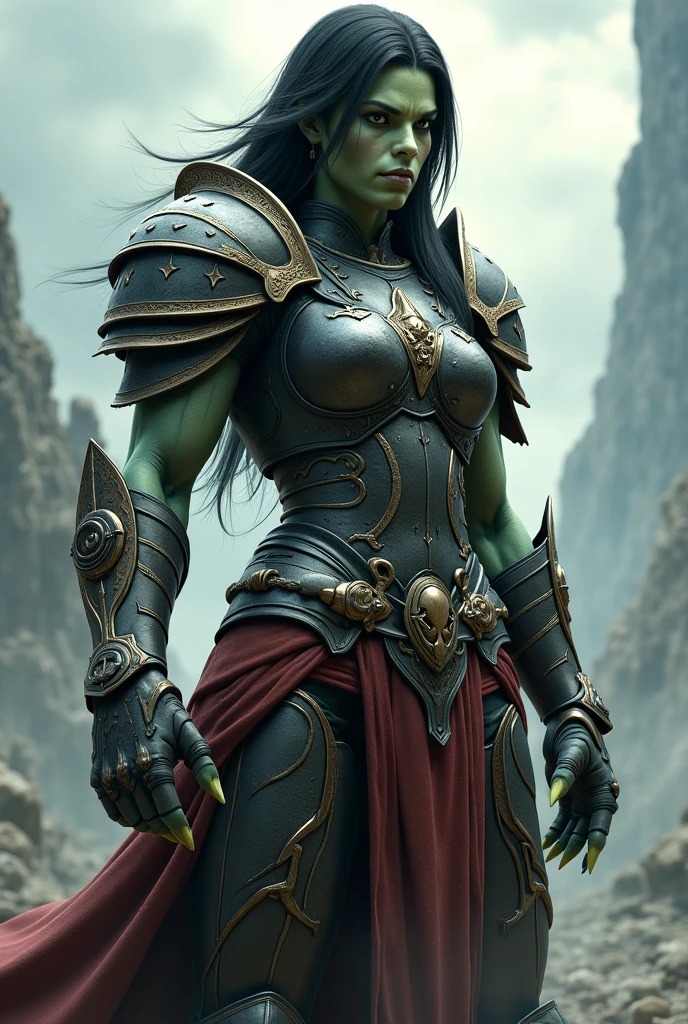 close-up, (((female green half-orc))), (knight, holding a axe, on a desert place), looking at viewer, wearing (a leather pants, cuirass, gorget, pauldron, couter, vambrace, gauntlets, cuisses, greaves, sabatons, poleyn, tasses, plackard, rerebrace, breastplace, faulds, scabbard, gardbrace, shoulder armor)