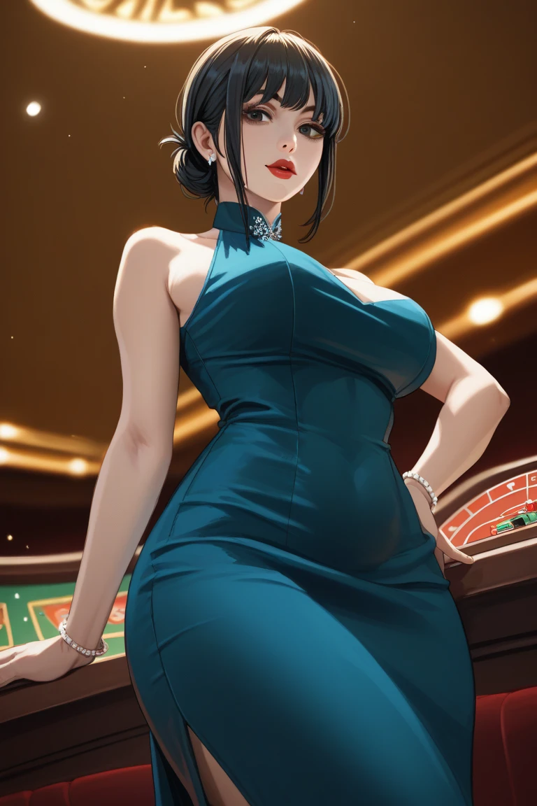 sayuri, b1mb0,1girl, solo, casino, bodycon, microdress, necklace, earring, navel, face focus, sagging breasts