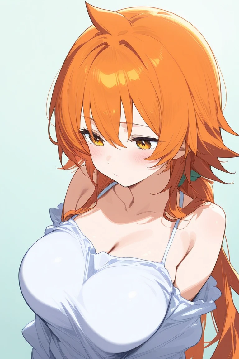 portrait, photograph from the shoulder up, masterpiece, best quality, ultra-detailed, illustration, an extremely delicate and beautiful, cute, 1girl, solo, (she is wearing a tube top)+, orange hair, brown eyes, bags under one’s eyes, simple background, cleavage, (nsfw:1.5)