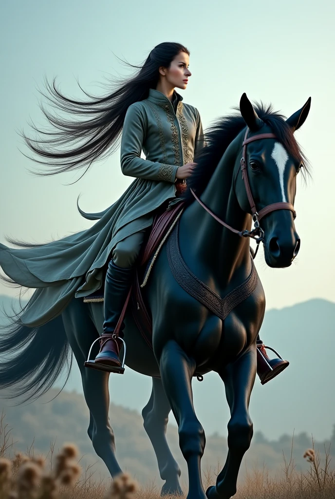 I'm on a black horse and have beautiful hair