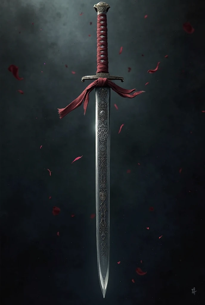 A drawing of a katana with a legend written on the blade of the sword, Valentina's values, Loyalty, love, force, freedom and on the hilt there is a Chinese knot and around the katana there are flowers of derezos and petals flying and on one side there is a geisha mask