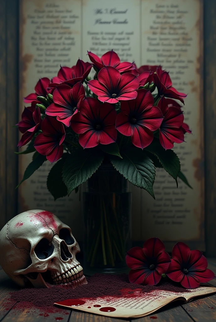 there are three skulls and a rose in a vase on a table, gothic harts, surreal dark art, dark surreal art, skulls, adorned with demon skulls, macabre art, gothic art, morphing skulls, fantasy dark art, sacred skulls, horror surreal art, by Anna Füssli, dark fantasy horror art, ( ( ( horror art ) ) )