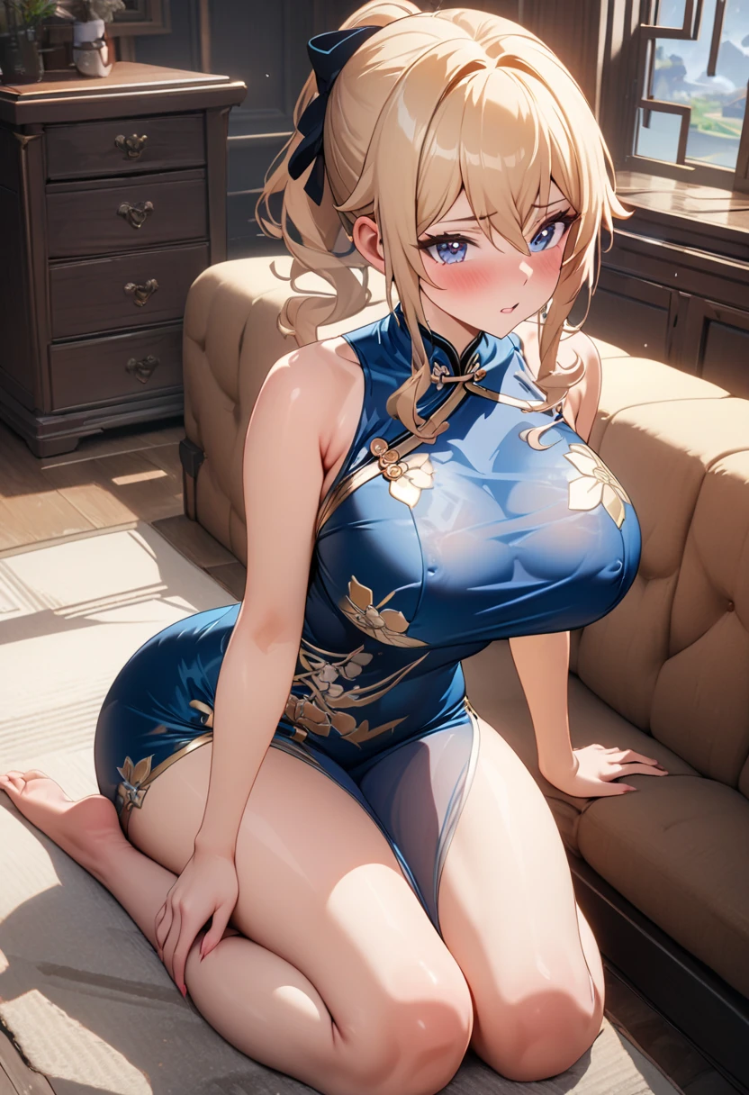 a 20 yo russian girl, blonde hair, updo hair, (wearing Indonesian batik short dress, off-shoulders, show cleavage), dark theme, smoothing tones, muted colors, high contrast, natural skin texture, hyperrealism, soft light, sharp, retro, Dark Blue. Show big thigh, plump body. Sitting on the bed. Polaroid.