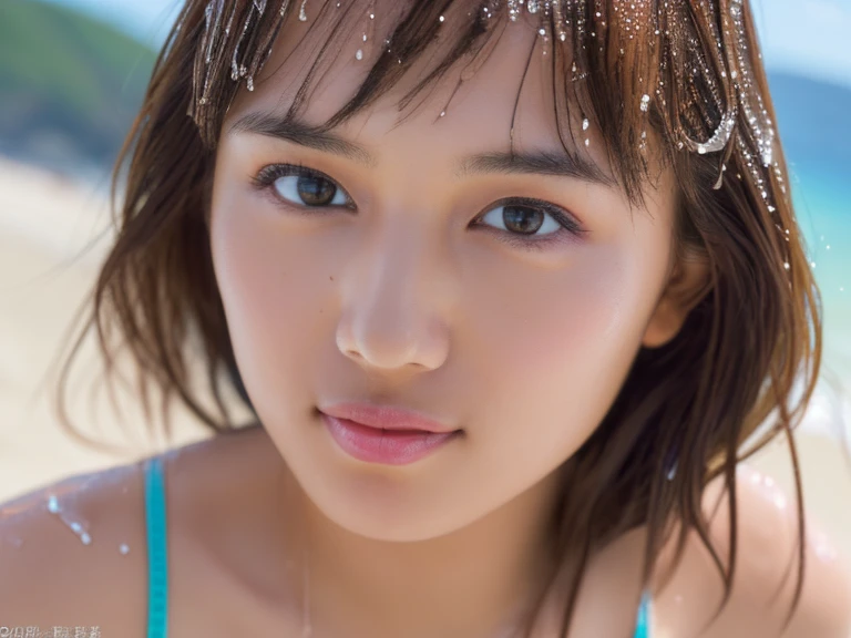 Blown by the long wind [Blue-black:.3] hair,Looking at the audience,  (8K, Realistic, RAW Photos, Highest quality: 1.4. Japanese, (1 Girl), Beautiful Face, (Realistic face),{Wavy medium hair|Front hair long bob|short hair with long bangs}{Black hair|Brown hair|Blonde hair}, Beautiful hairstyle, Realistic eyes, Beautiful and beautiful eyes, (Realistic skin), Beautiful Skin, charm, Ultra-high resolution, Surreal, Very detailed, Golden Ratio,shame(Blushing:1.3),(topless:1.2),Small areola、(I can see your belly button)、(Small eyes)、(nude),(just),(naked),(White skin),Lying down and playing on the beach
